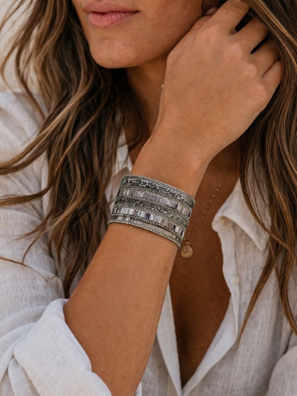 Express Silver and Black Beaded Stones Multi Strand Turn Lock Cuff Bracelet